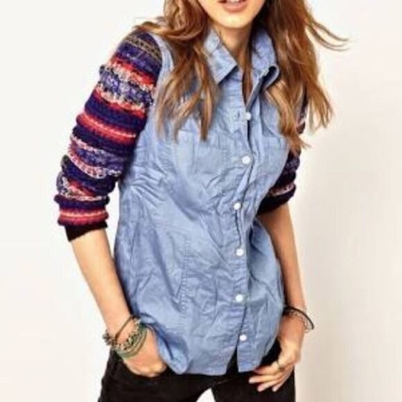 Free People We the Free Chambray Fair Isle Sweater Sleeve Button Down M - Picture 1 of 8